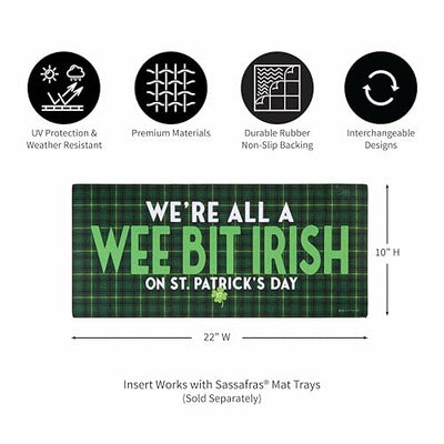 Evergreen Sassafras Mat with "Wee Bit Irish" text and festive clovers; durable, anti-skid, and weather-resistant for indoor or outdoor use.