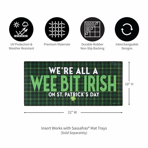 Evergreen Sassafras Mat with "Wee Bit Irish" text and festive clovers; durable, anti-skid, and weather-resistant for indoor or outdoor use.