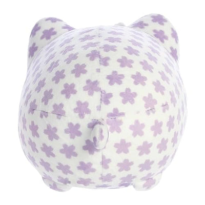 A white Meowchi plush cat with embroidered purple flowers.