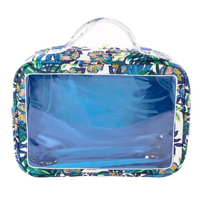 Lilly Pulitzer Cosmetic Travel Case in vibrant ‘The Hottest Spot’ pattern with gold zippers, vinyl window, and top grab handles.

