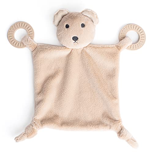 Adorable plush Bernie the Bear teether with rattling head, soft cuddle fabric, and textured silicone teething rings.