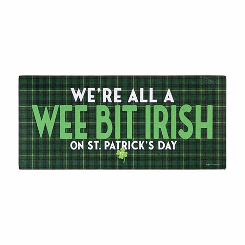 Evergreen Sassafras Mat with "Wee Bit Irish" text and festive clovers; durable, anti-skid, and weather-resistant for indoor or outdoor use.