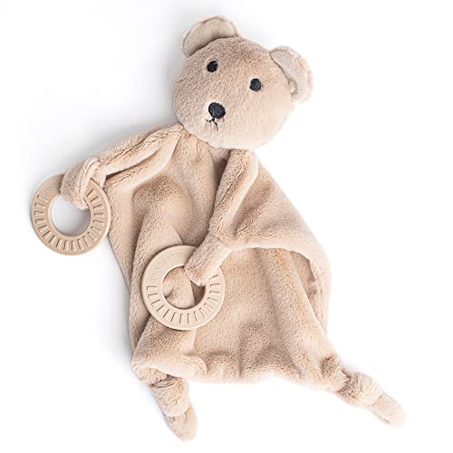 Adorable plush Bernie the Bear teether with rattling head, soft cuddle fabric, and textured silicone teething rings.