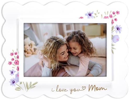 White 4x6 photo frame with ruffled edges and “I Love You Mom” message, elegant design for Mother&