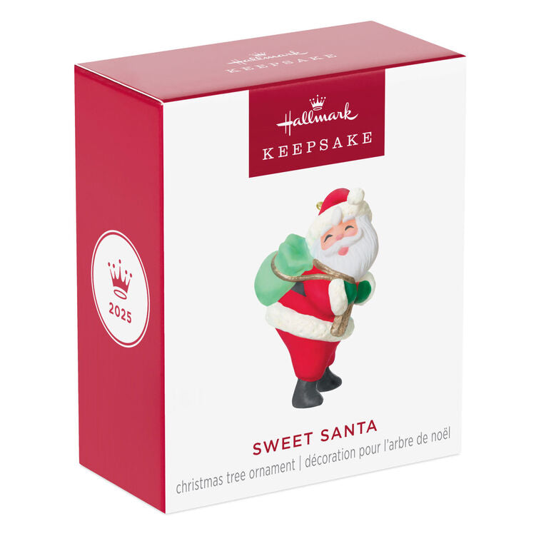 Mini Santa Claus ornament with rosy cheeks and green toy sack, retro-styled Hallmark Keepsake Christmas collectible