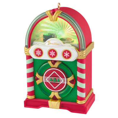 Retro jukebox Christmas ornament with lights and sound, plays three classic holiday tunes, battery operated

