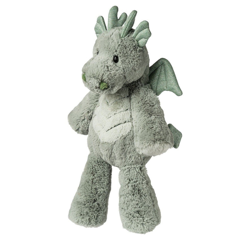 A 13-inch Marshmallow Zoo Dragon plush toy with sculpted face, green tummy, and sparkly green wings. Soft and huggable,  
