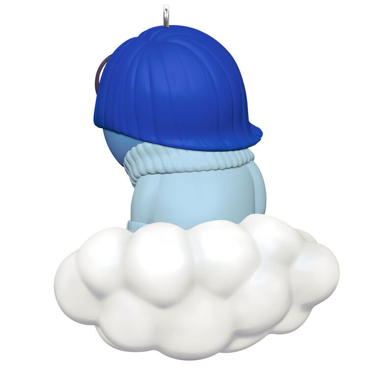 Hallmark Keepsake Inside Out 10th Anniversary Sadness ornament with Sadness sitting on a white cloud, Disney/Pixar Christmas decoration.