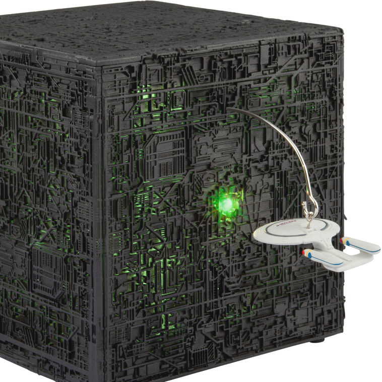 Star Trek tabletop decoration with Borg cube lit up in green from The Next Generation with light and sound features
