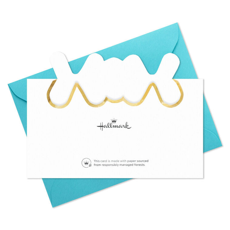 White note cards with gold balloon-style “YAY” lettering, confetti dots, and die-cut front, packaged in kraft wrap.
