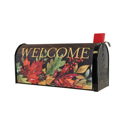 Metal mailbox cover with red cardinal on snowy branch with pine cones and berries. Black metal frame