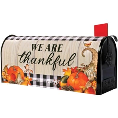 Thankful Cornucopia mailbox cover with fall harvest design, birds, and a black and white check border on rustic woodgrain background.