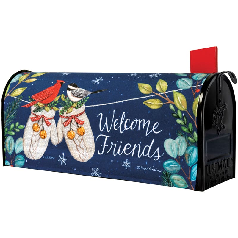 Mittens & Birds mailbox cover by Carson with colorful winter mittens and birds on durable nylon, fits standard metal mailboxes.