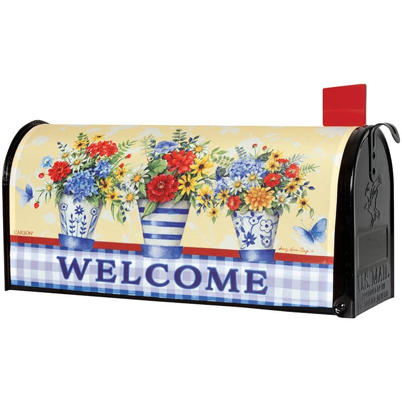 Summer Trio mailbox cover with flower pots, butterfly, and blue and white plaid pattern, full-color wrap design by Sandy Clough, fits standard 20" x 17.75" metal mailboxes.