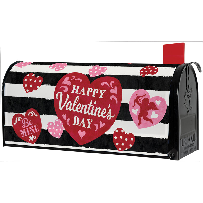 Valentine Stripe mailbox cover by Carson with red and pink heart-themed stripes, made of durable nylon, fits standard metal mailboxes.