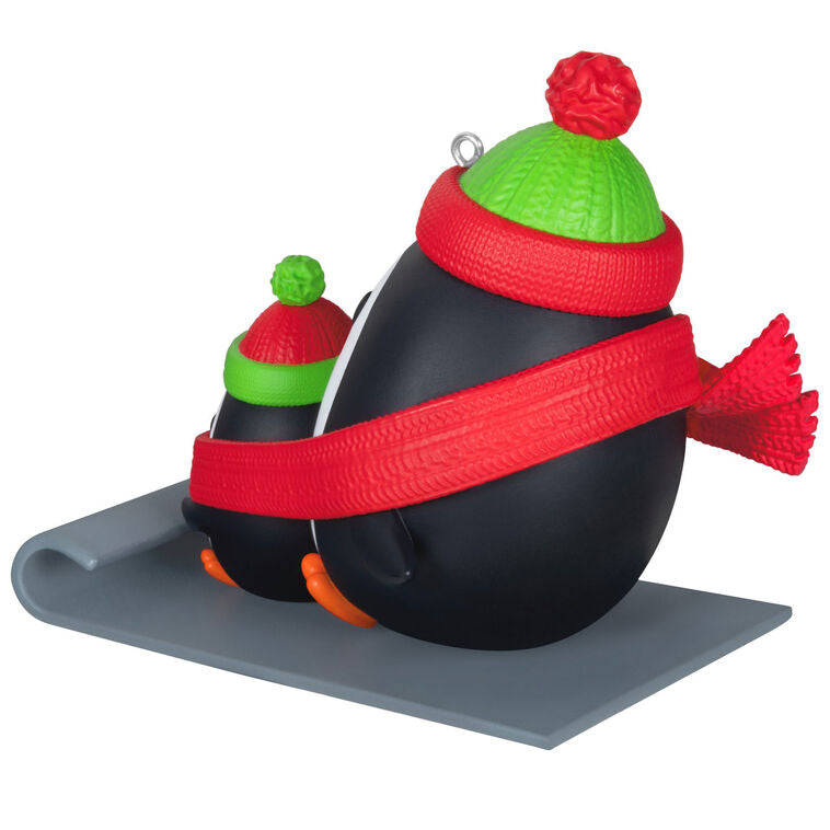 2025 Christmas ornament of dad and child penguins sledding, red scarf with sweet message, festive holiday decoration

