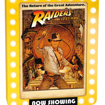 Hallmark Keepsake ornament featuring Raiders of the Lost Ark™ poster in yellow marquee frame with continuous light effect.