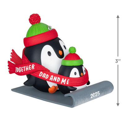 2025 Christmas ornament of dad and child penguins sledding, red scarf with sweet message, festive holiday decoration

