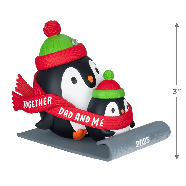 2025 Christmas ornament of dad and child penguins sledding, red scarf with sweet message, festive holiday decoration

