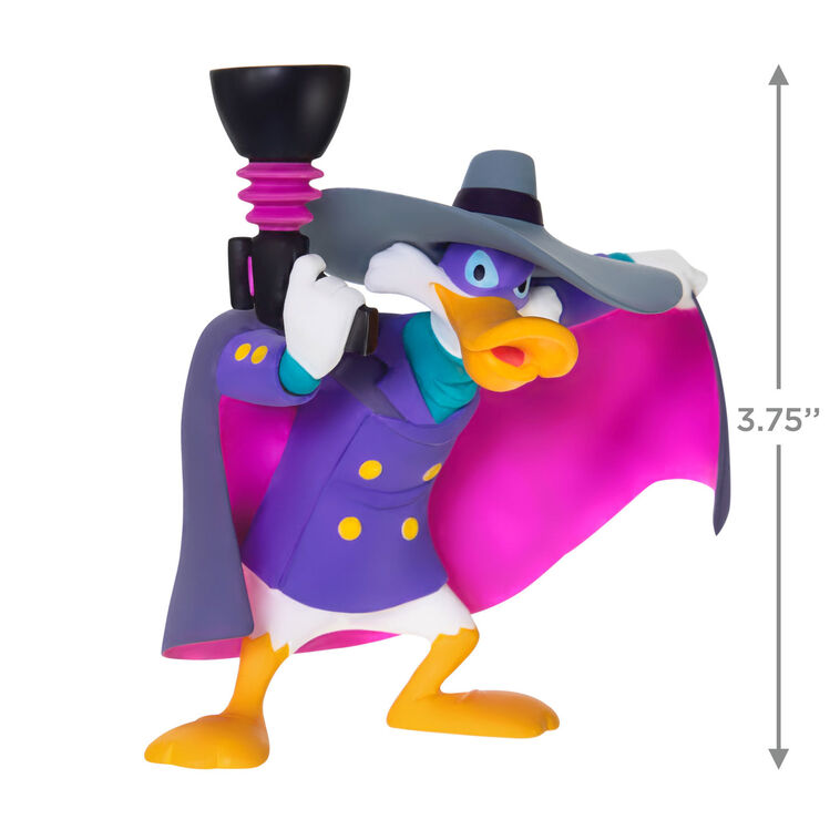Hallmark Keepsake Disney Darkwing Duck Let’s Get Dangerous ornament, purple and pink superhero duck, cape, mask, blaster, animated pose.