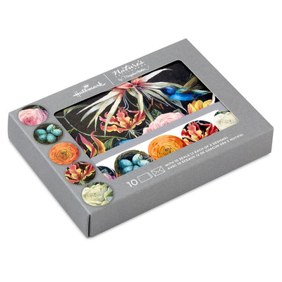 Elegant floral note cards by Marjolein Bastin on black background with coordinating round floral and robin’s egg seal stickers.
