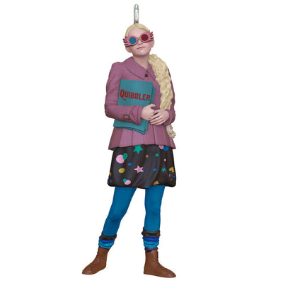 Luna Lovegood in purple coat holding The Quibbler and wearing Spectrespecs, mini Hallmark Christmas ornament, Harry Potter collectible