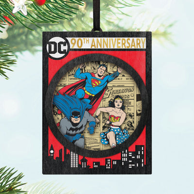 DC Comics 90th Anniversary ornament, Superman, Batman, Wonder Woman, double-sided papercraft, Hallmark Keepsake, Christmas decoration.