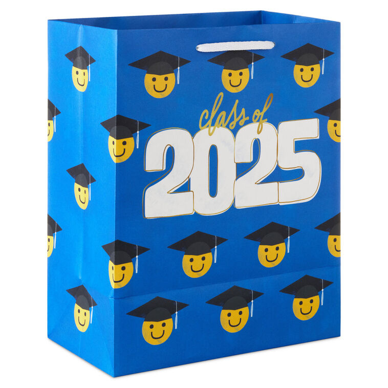Medium blue graduation gift bag with Class of 2025 and rows of smiley faces in grad caps, Hallmark, gold foil accents, 9.6 inch size
