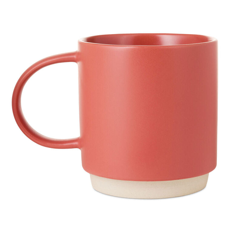 Red ceramic mug with "Thinking of my next dad joke" white lettering, smiley face design, oversized handle