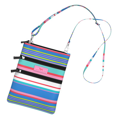 Summer Friyay print crossbody with 3 zip compartments, adjustable strap, and magnetic back pocket—compact and lightweight.