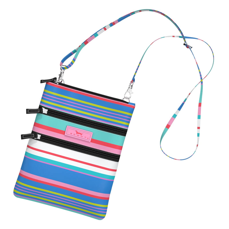 Summer Friyay print crossbody with 3 zip compartments, adjustable strap, and magnetic back pocket—compact and lightweight.