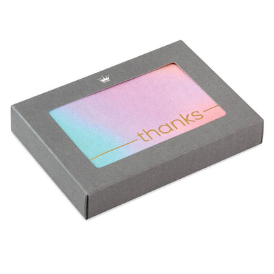 Pastel thank you cards with ombré pink to blue gradient and gold foil lettering, includes 10 blank cards and aqua-lined envelopes