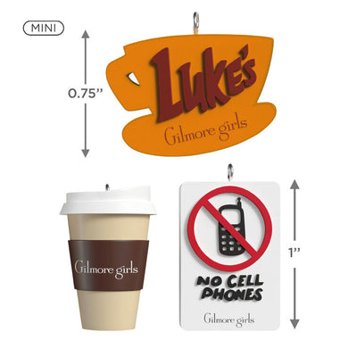 Set of three Gilmore Girls mini ornaments: Luke’s Diner mug, travel coffee cup, and No Cell Phones sign, Hallmark Keepsake collectible