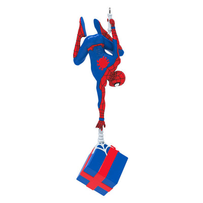 Spider-Man ornament, Marvel hero in red and blue suit, upside down, holding gift, Hallmark Keepsake Christmas decoration.