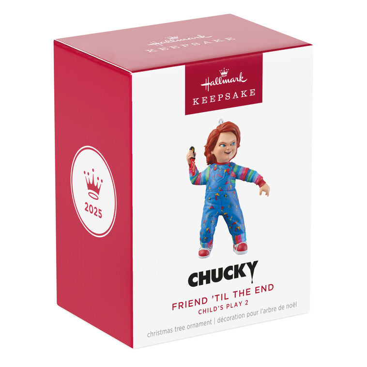 Chucky Christmas ornament inspired by Child’s Play 2, featuring menacing plush Good Guys doll design