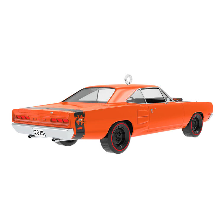 1969 Dodge Super Bee die-cast metal ornament in orange with black racing stripes, redline tires, and turning wheels.