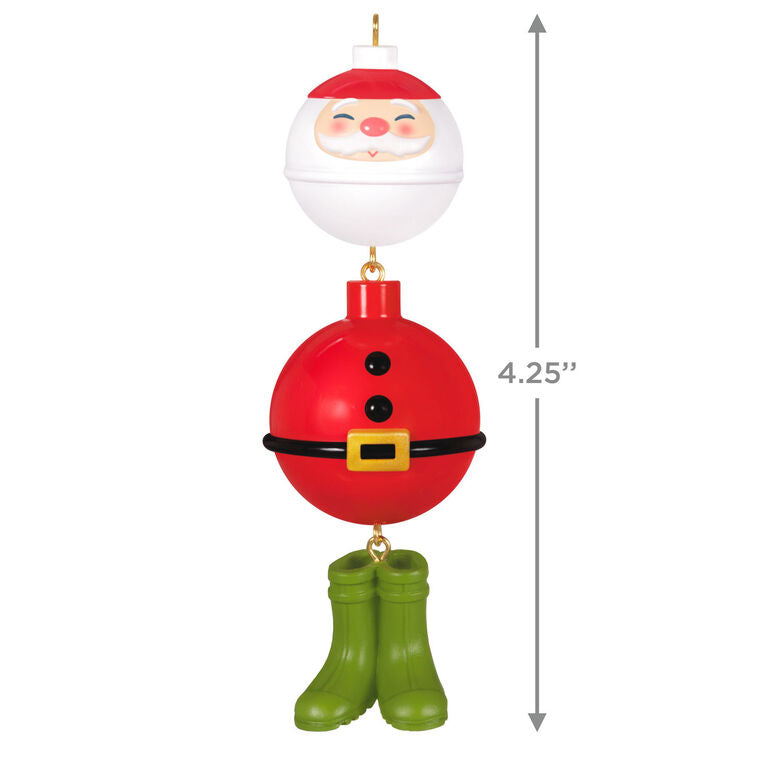 Christmas ornament with fishing bobbers shaped like Santa, wearing green wading boots, perfect for fishing enthusiasts


