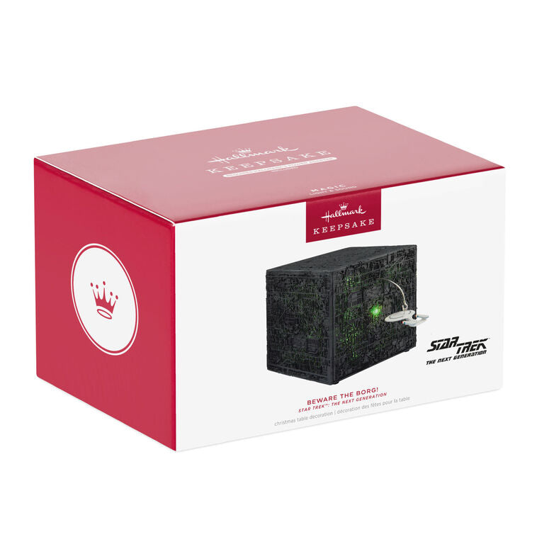Star Trek tabletop decoration with Borg cube lit up in green from The Next Generation with light and sound features
