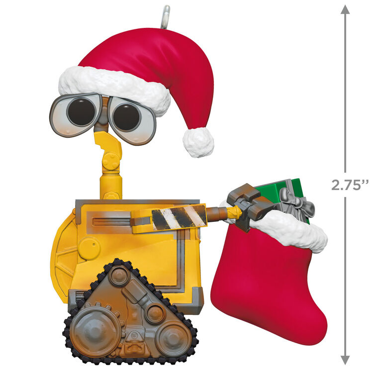 Wall-E Christmas ornament wearing Santa hat and holding red holiday stocking with a gift
