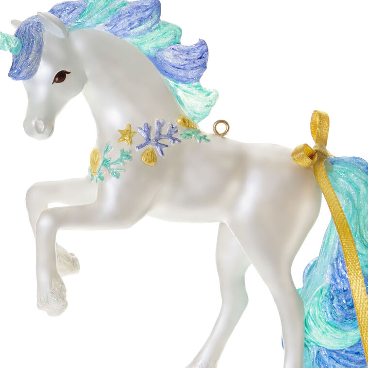 Unicorn Christmas ornament with mermaid mane, seashells, coral details, glittery horn and hooves, beachy holiday decor

