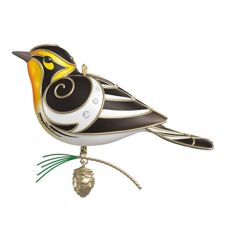 The Beauty of Birds Blackburnian Warbler Christmas tree ornament with black and yellow feathers, metallic silver accents, gem