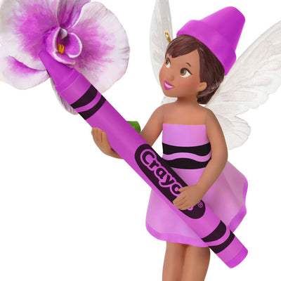Hallmark Keepsake Crayola Orchid Fairy ornament, pixie in pink with wings, holding a Crayola crayon and flower.
