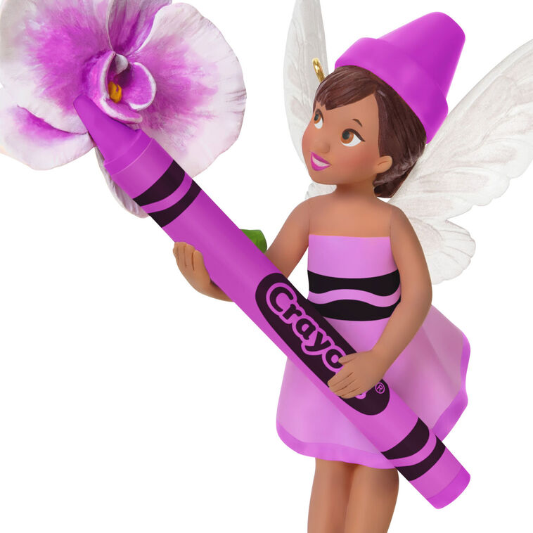 Hallmark Keepsake Crayola Orchid Fairy ornament, pixie in pink with wings, holding a Crayola crayon and flower.
