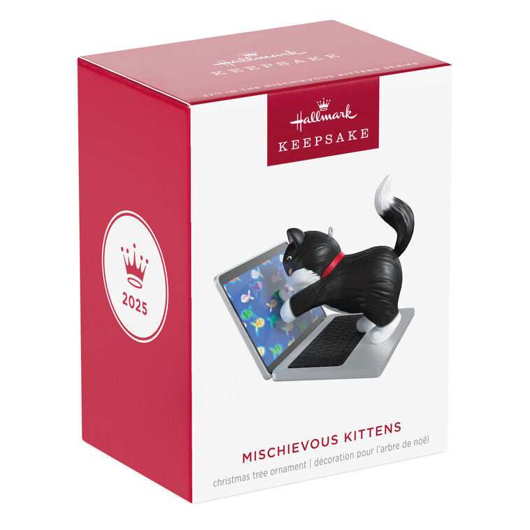Hallmark Keepsake ornament of black-and-white tuxedo kitten playing with laptop showing colorful fish, Mischievous Kittens series