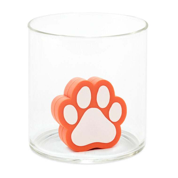 Orange and white paw print silicone drink charm, fits in Charmers glasses; great for pet lovers, adoptions, or vet gifts.