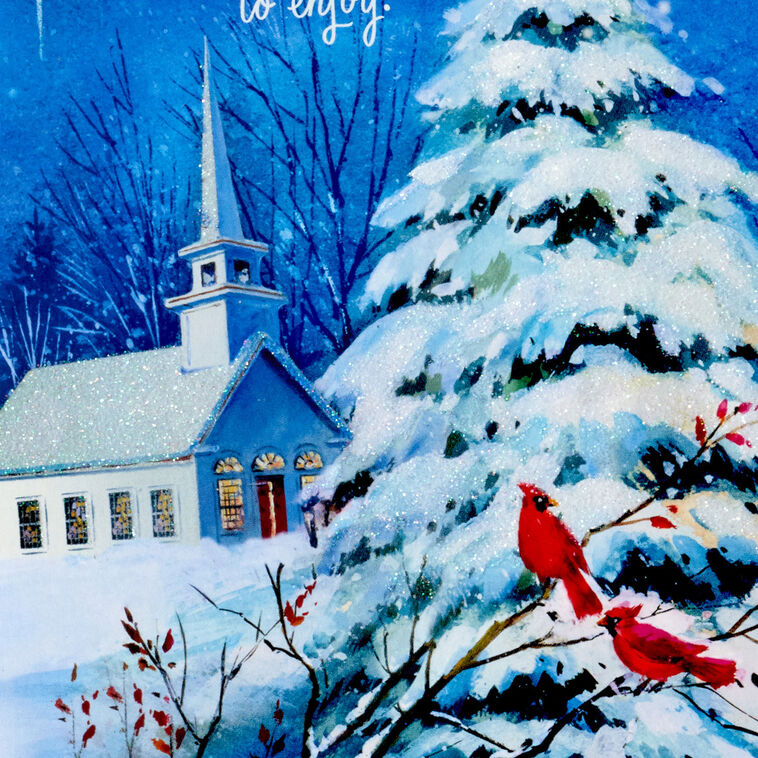 DaySpring Wintry Night With Cardinals and Church Boxed Christmas Cards, Pack of 16