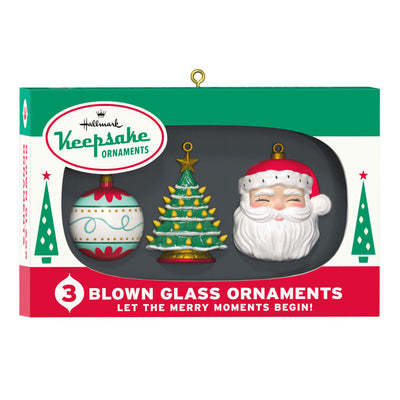 Retro ornament box with three vintage-style glass ornaments: ball, tree, and Santa face