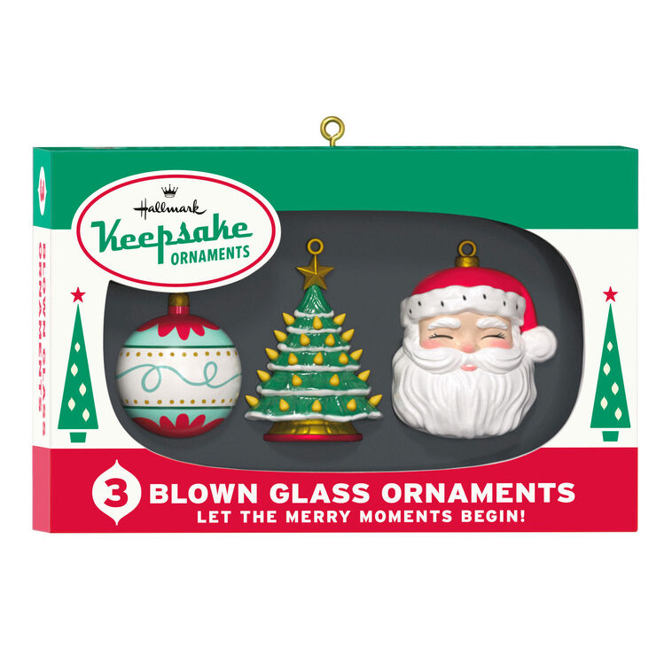 Retro ornament box with three vintage-style glass ornaments: ball, tree, and Santa face