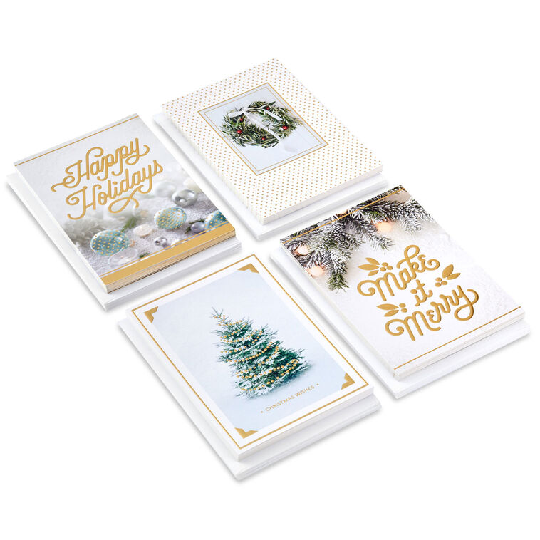 Gold and White Winter Wishes Boxed Christmas Cards Assortment, Pack of 40