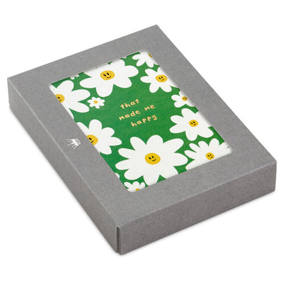 Green thank-you cards with white daisies and yellow smiley centers in a gray box with matching envelopes, pack of 10